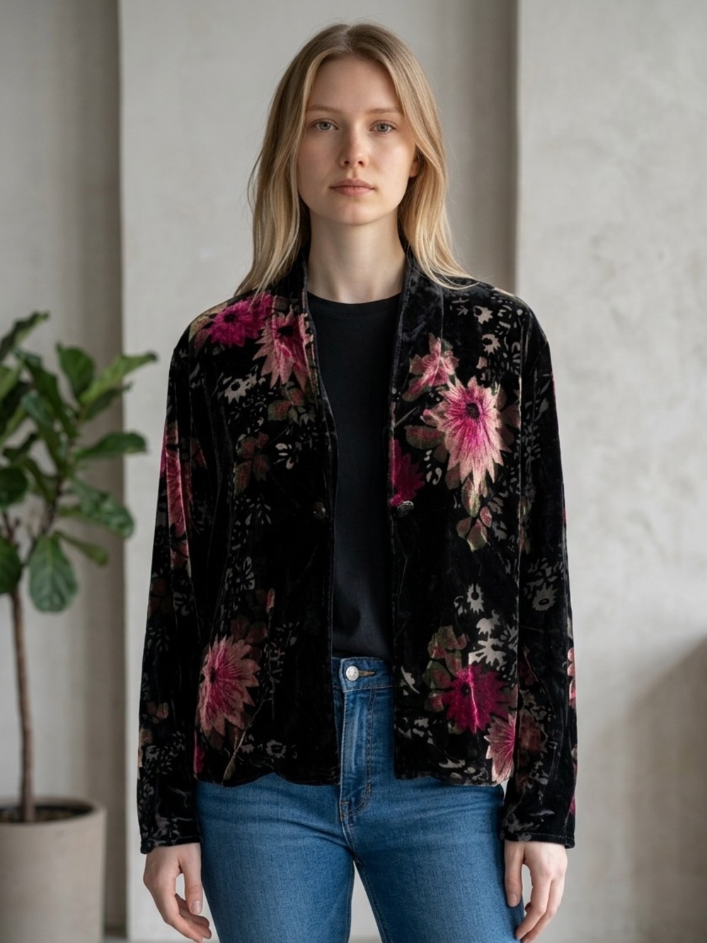 Whimsygoth Black Crushed Velvet Floral Button-Up Cardigan Size L